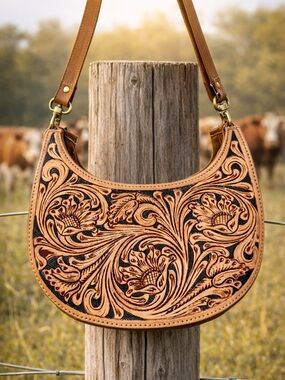 Hand-Tooled Floral Leather Shoulder Bag in Tan